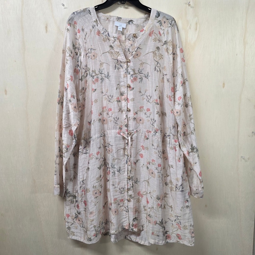J.Jill Floral Linen Blend Tunic Dress Button Front Drawstring Pockets XL